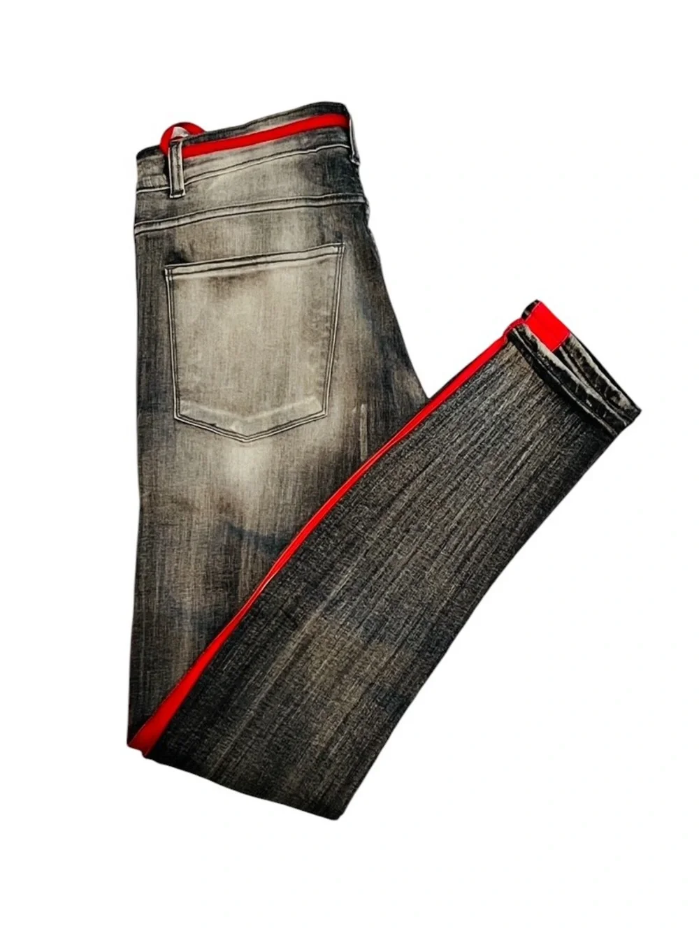 Focus NWOT Slim Fit Blue Distressed Jeans with Red & Purple Stripe - Picture 9 of 13